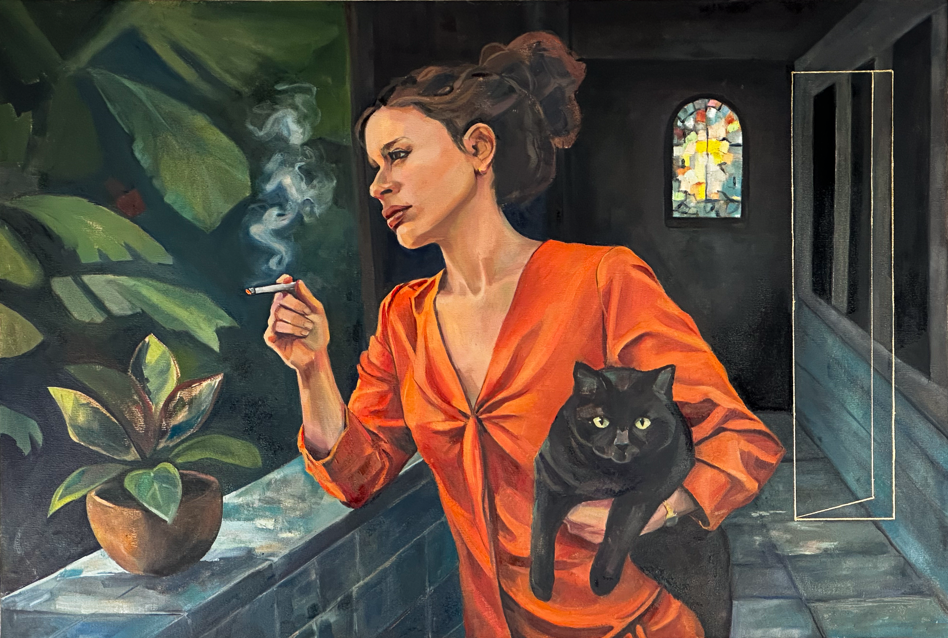 Near Paradise, Oil and Gold Leafing Pen on Canvas, 34" x 50"